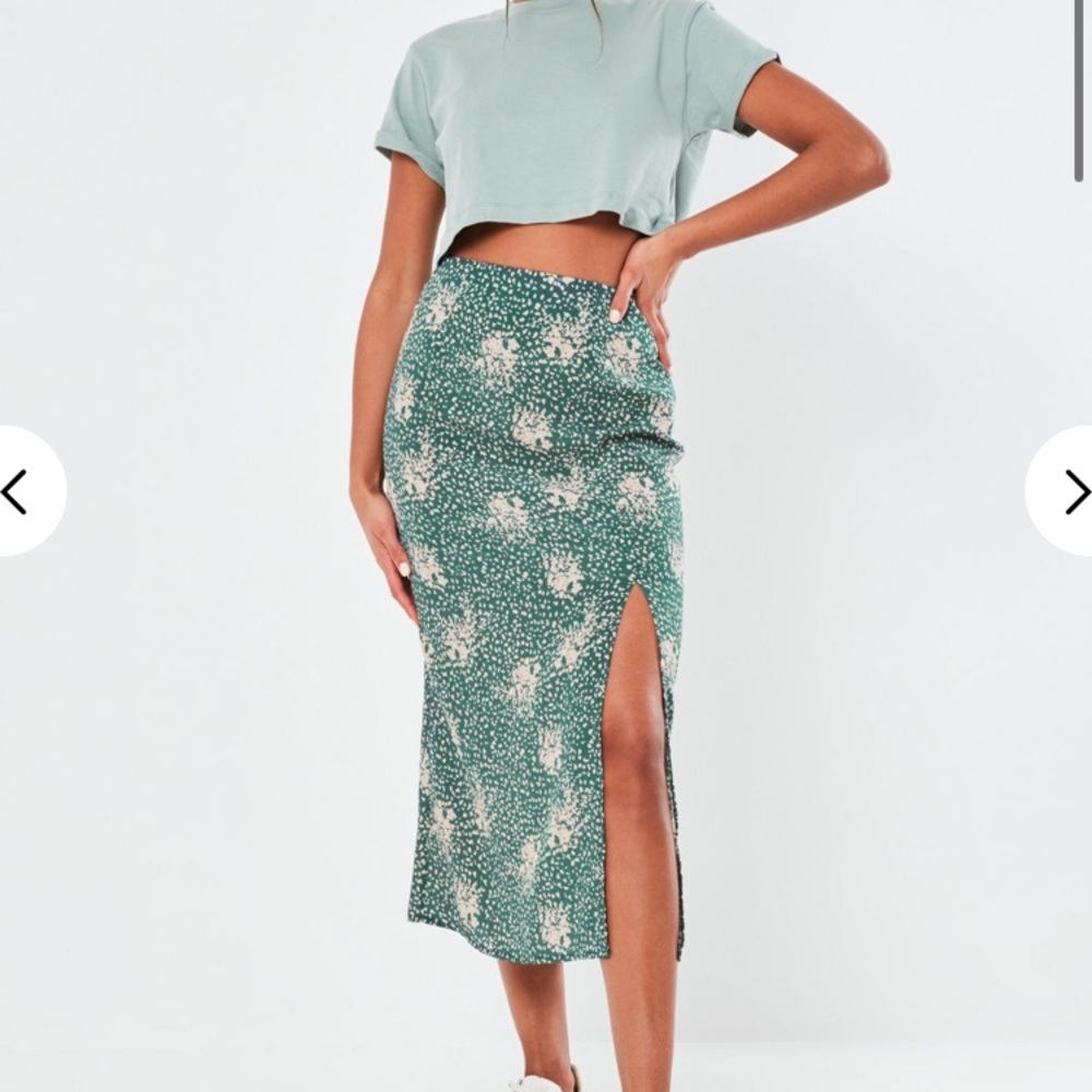 Misguided Green & White Patterned High Slit Midi Skirt
